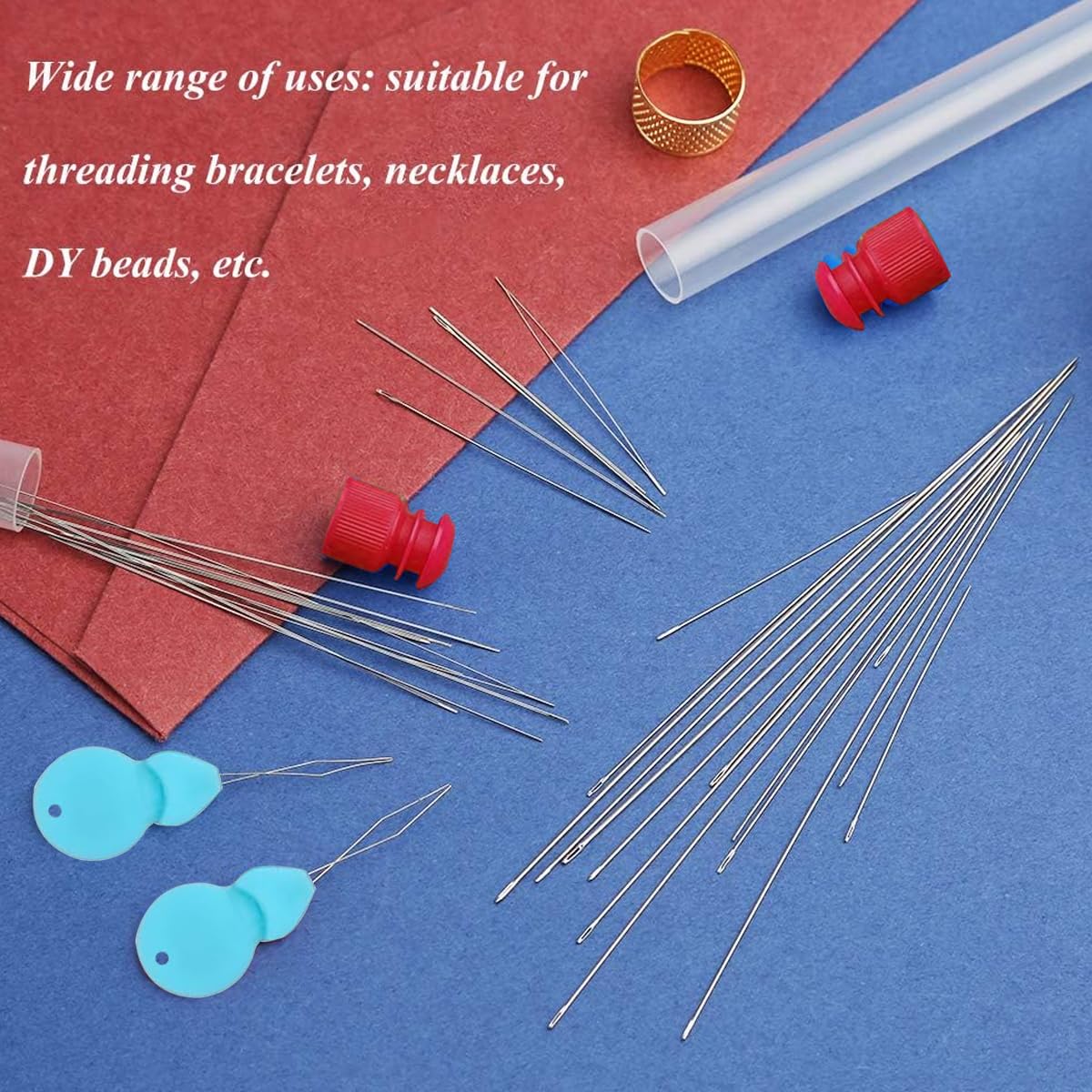 28Pcs Beading Needles Set, 20 Pcs Long Straight Beading Thread Needles and 8 Pcs Big Eye Beading Needles with Needle Bottle, Thimble, Needle Threaders for Bracelets and Jewelry Making