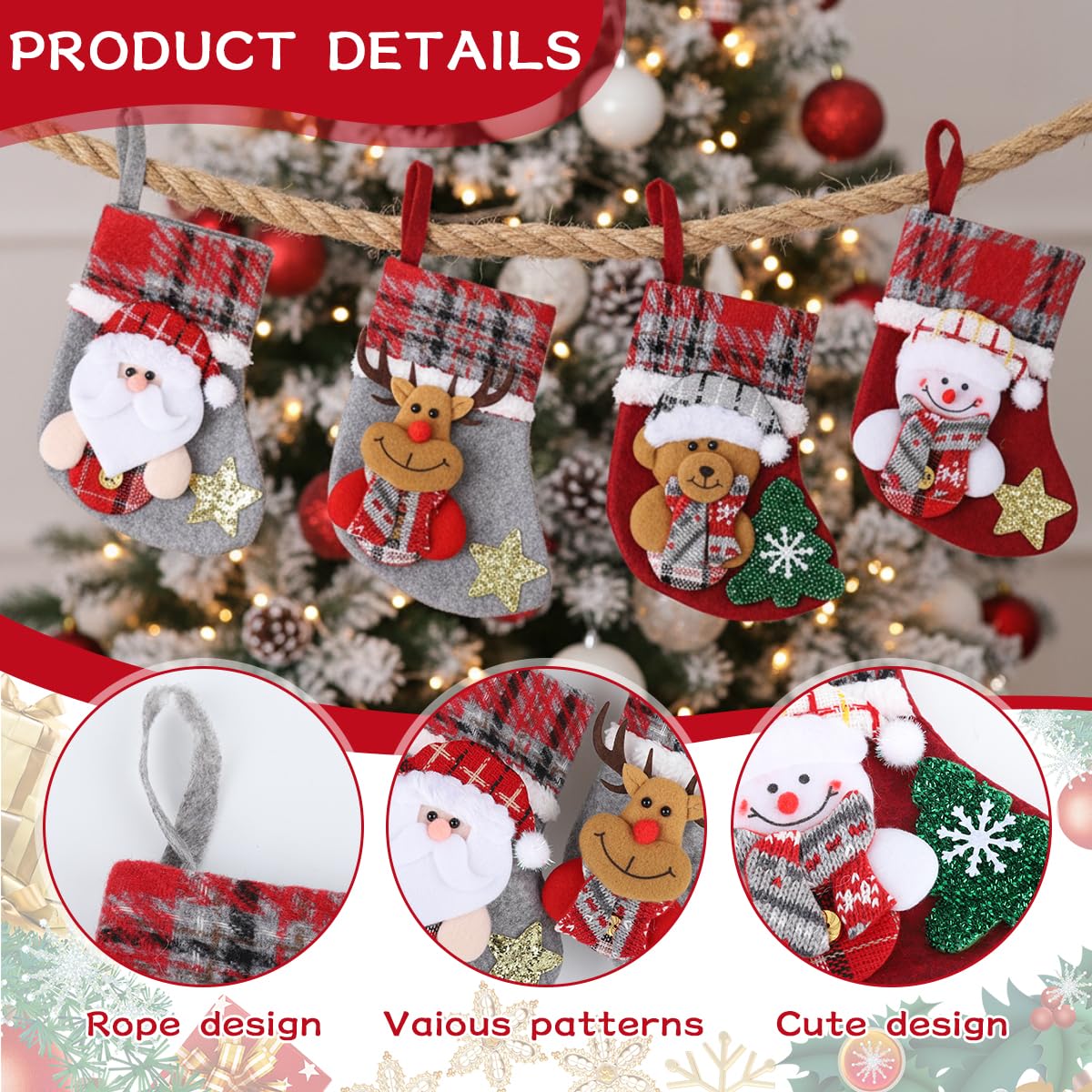 HASTHIP Christmas Stockings Set for Tree and Home with Santa Reindeer Bear Snowman Prints 13x17cm | 4Pcs Fabric Hanging Decorations