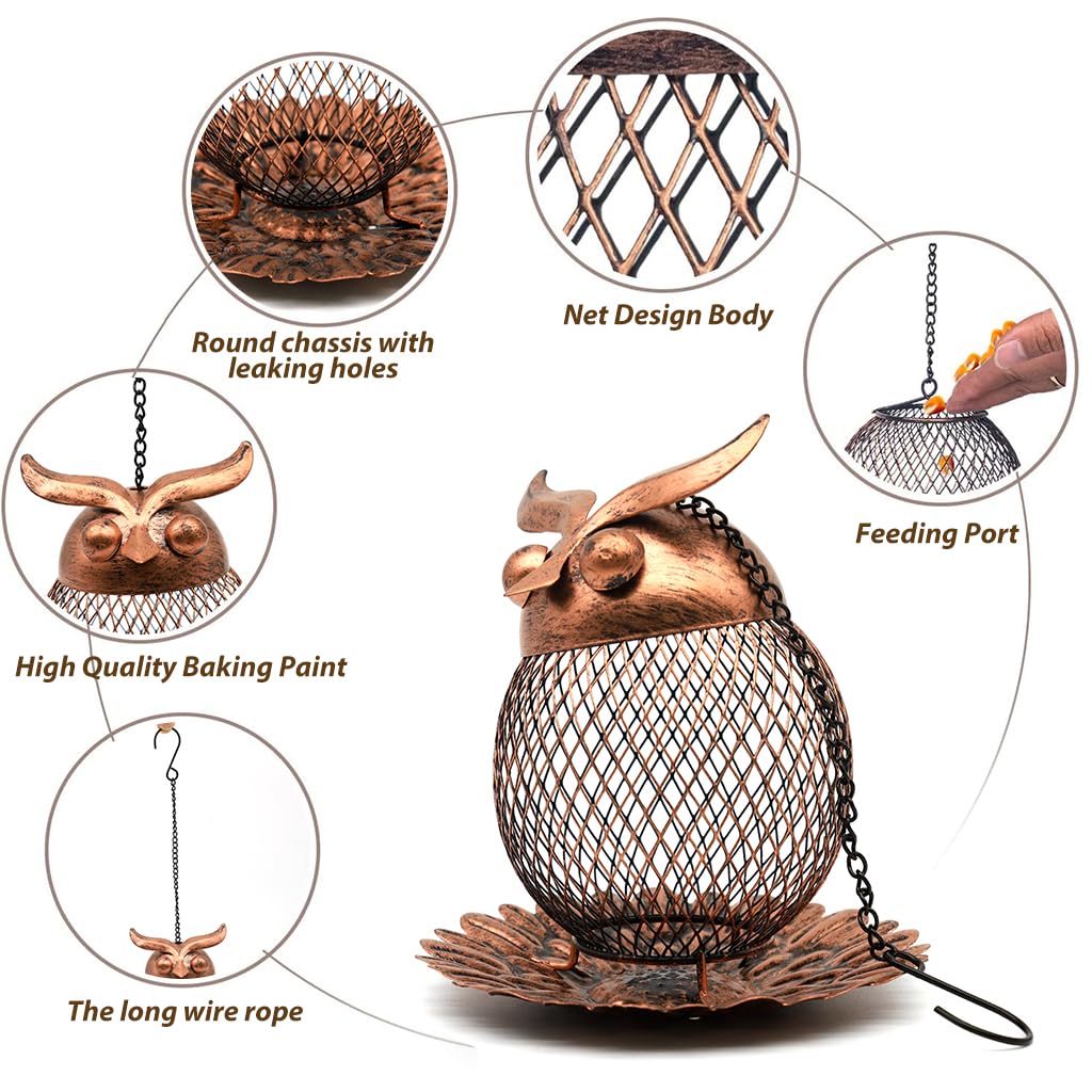 HASTHIP Outdoor Bird Feeder for Garden and Patio with Floral Bottom Tray 14.5x15cm Iron Mesh Owl Design