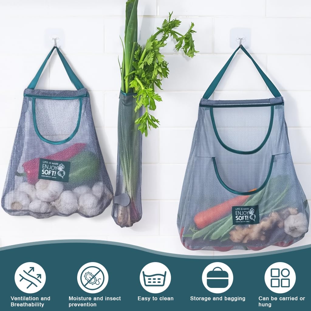HASTHIP Hanging Mesh Storage Bags for Kitchen Produce featuring Dual Pocket Net Design | 3pcs Reusable Mesh Fabric