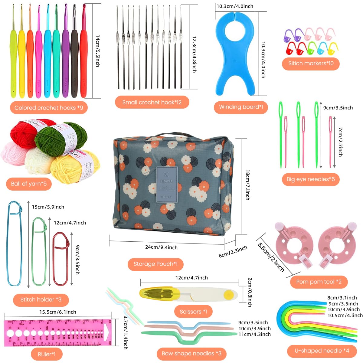 HASTHIP Crochet Needle Kit for DIY Projects with 107 pcs and Ergonomic Handles | Portable Bag