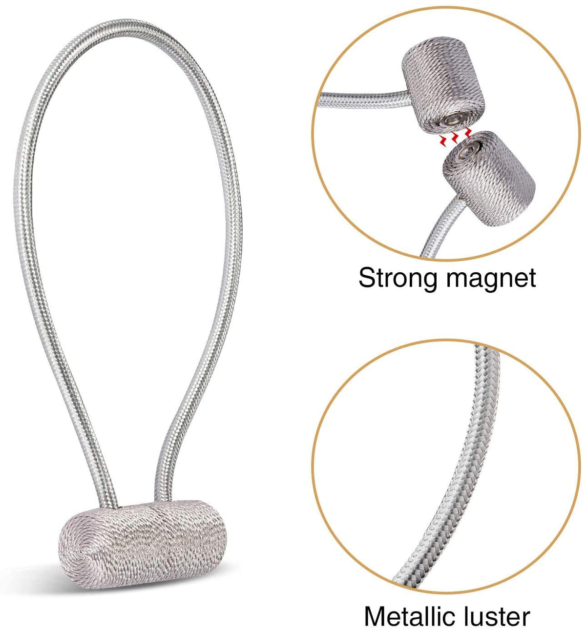 HASTHIP Curtain Tiebacks for Drapes with Strong Magnetic Hold 48cm Rope | Silvery Decorative Holdbacks