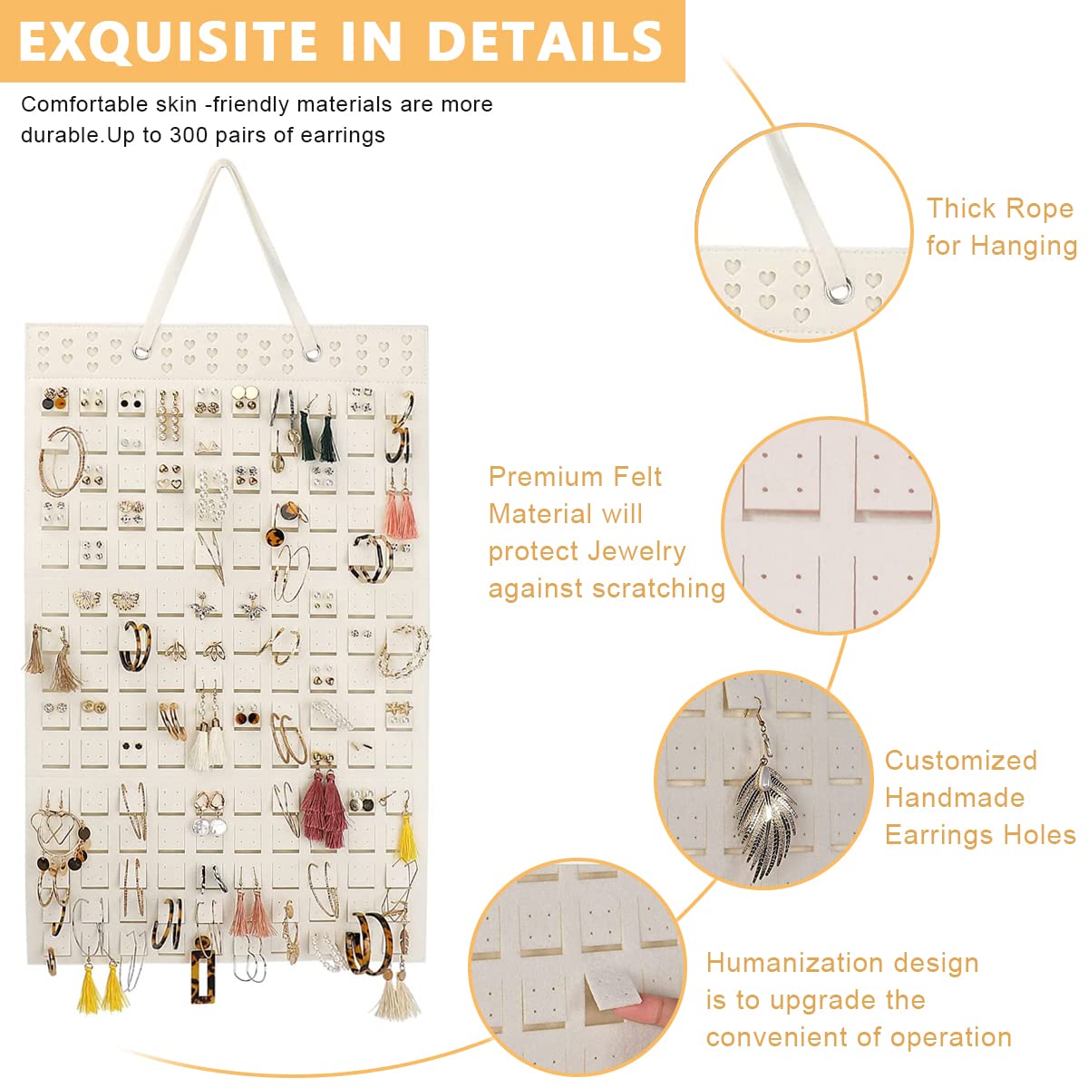 HASTHIP Felt Hanging Earring Organizer for 150 pairs with 22.5x13.6 in Wall Display | White