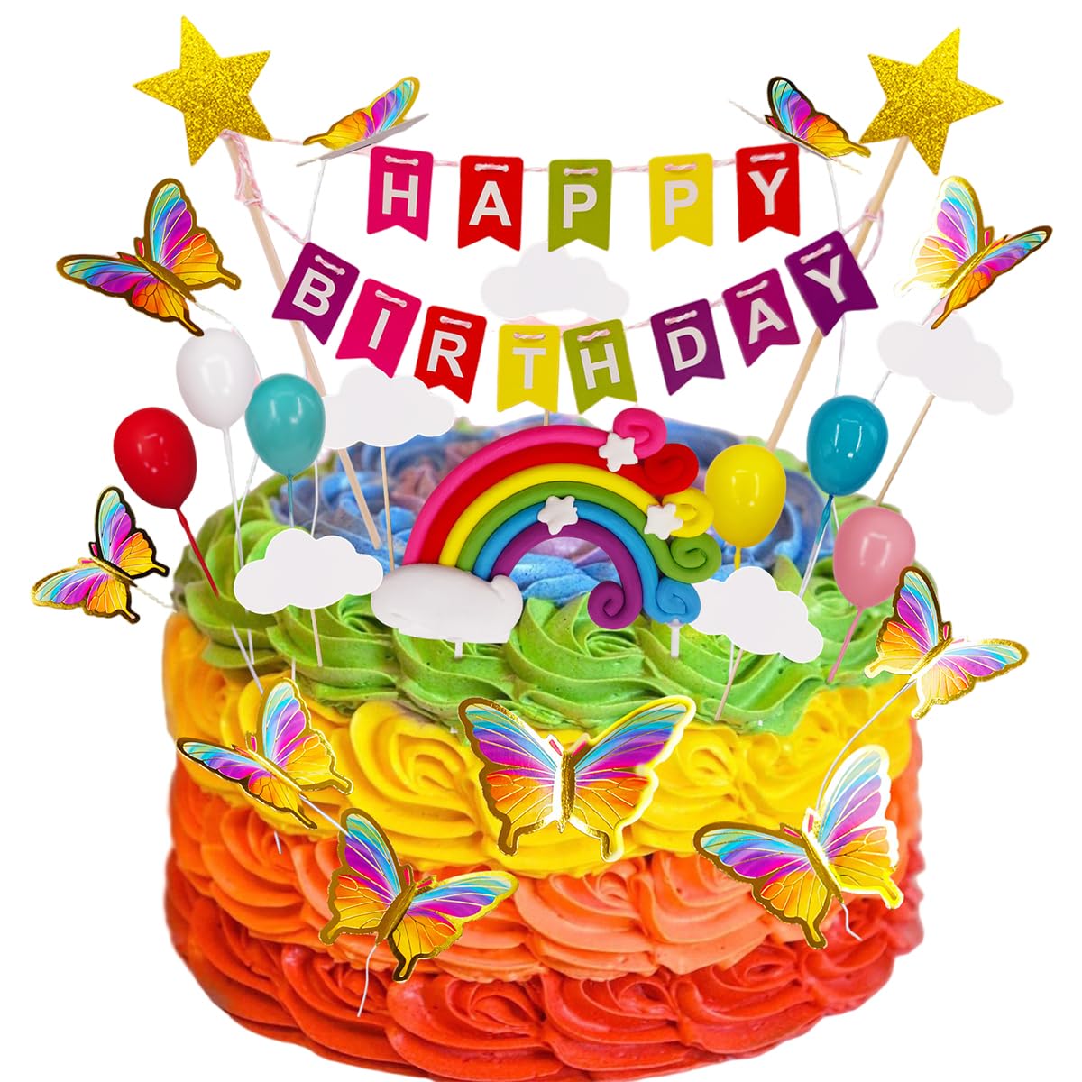 HASTHIP Happy Birthday Cake Topper Set 23 Pcs for Party Decoration with Rainbow and Butterflies | Reusable Eco Friendly Decorations for Kids and Family Celebrations