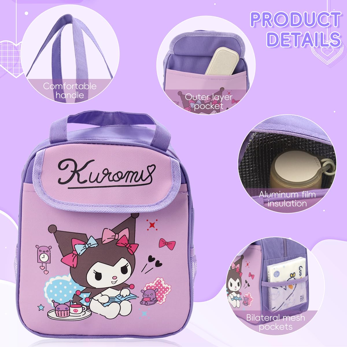 HASTHIP Kuromi Lunch Box Bag for School Work and Picnic | Adorable Kawaii 3PCS Set