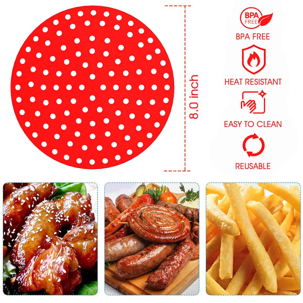 HASTHIP Reusable Silicone Air Fryer Liners for 8 Inch Fryers with Even Heat Holes | 2 Pack Red and Black