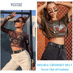 HASTHIP® Cinturón de mujer de cuero gótico con tachuelas,cinturón cintura punk rock con cadena doble,cinturón ajustable para vaqueros vestidos y fiestas accesorios moda negros
