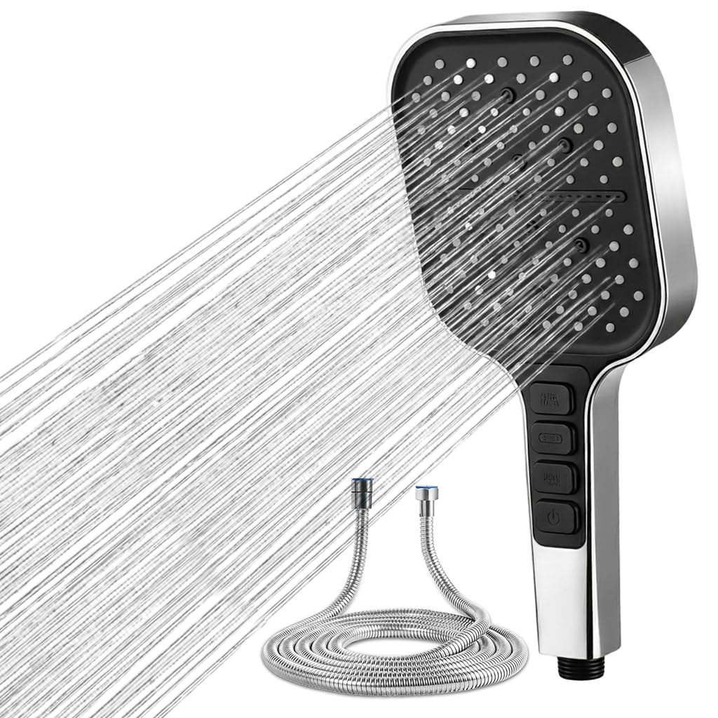 HASTHIP® Pressurized Shower Head with 1.5m Water Hose Kit, 7 Modes Handheld Shower Head, Rainfall Shower Head with Waterfall, Mist Mode, One Button to Switch and Stop