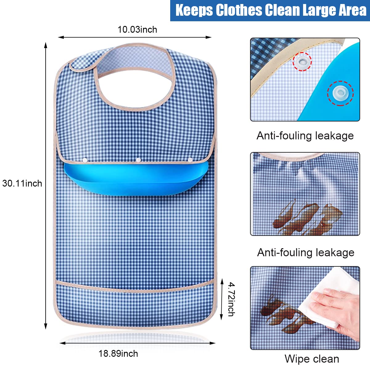 HASTHIP Adult Bibs for Dining with Leakproof Catch Pockets 67.5×39.7cm Blue | Washable Adjustable Protection