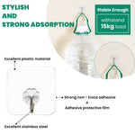 Waterproof Stick on Adhesive Stronger Plastic Wall Hooks Hangers for Hanging Robe, Coat, Towel, Keys, Bags, Lights, Calendars, Max Load 15 kg - Pack of 10, Transparent