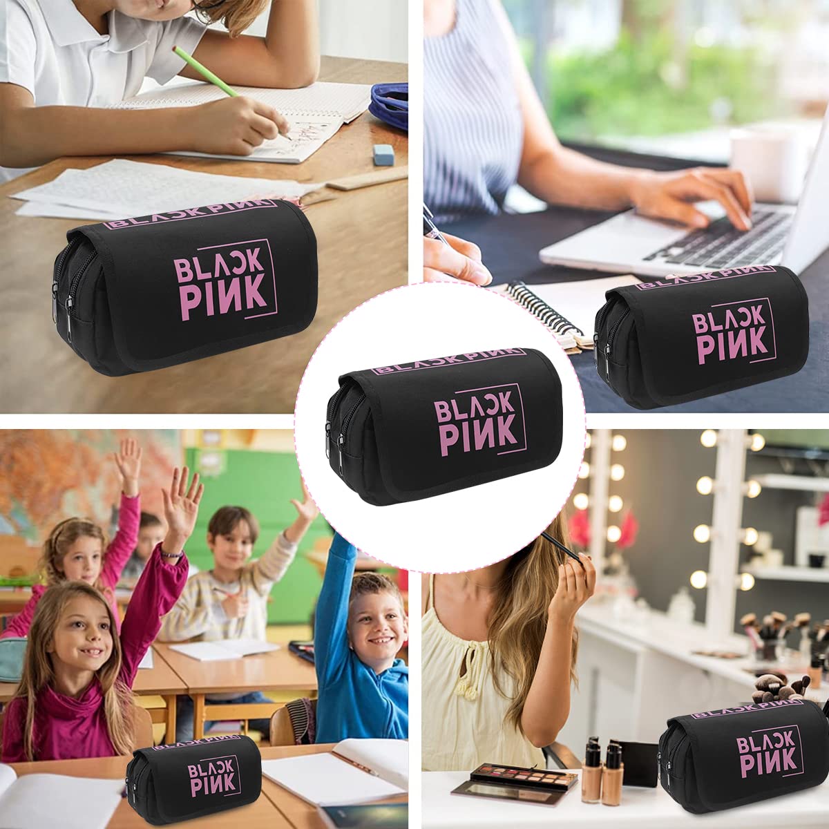 Blackpink Prints Cosmetic Bag Organizer Pencil Box Case Large Capacity Double Zippers Pouch for Blackpink Fans, Fashion Stationary Bag for Women School Girls Boys Gifts