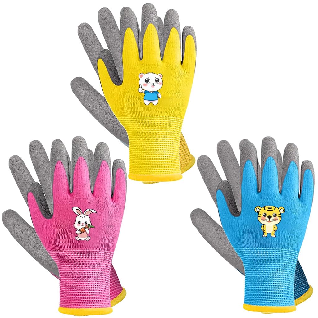 HASTHIP Kids Gardening Gloves for Outdoor Play with Protective Rubber Coating | 3 Pairs for Ages 5–9
