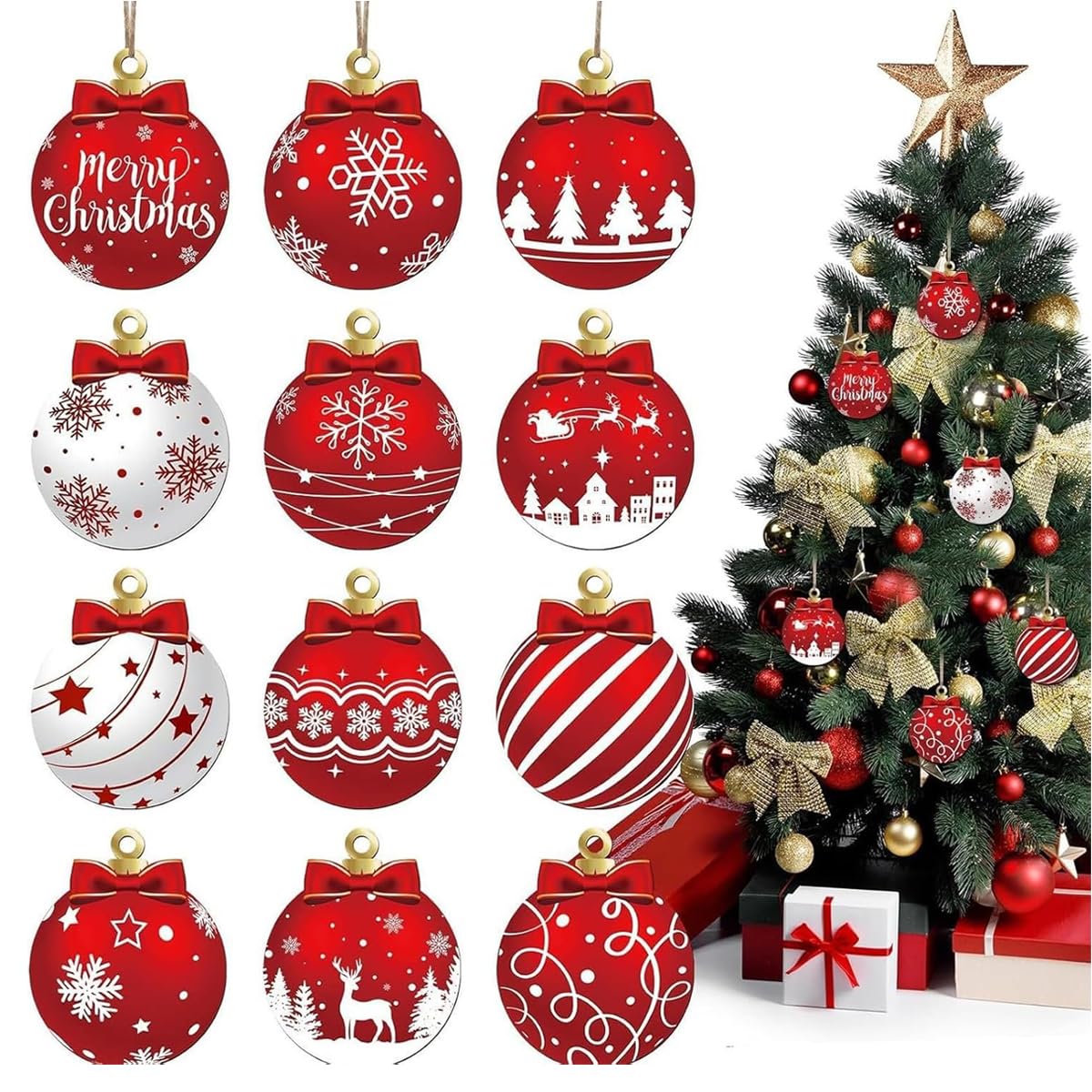 HASTHIP Christmas Decorations Wooden Ornaments Set for Tree and Room Decor featuring 12 Red Snowflake Designs