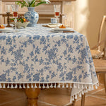 HASTHIP Floral Table Cloth for Dining and Kitchen with Tassel Fringe 150x180 cm Blue Linen Blend | Rustic Decorative Cover for Indoor and Outdoor Use