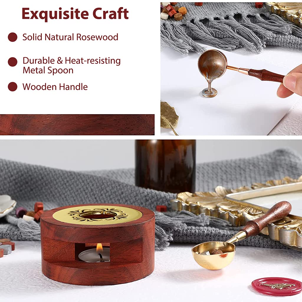 HASTHIP Wax Seal Stamp Kit for Envelopes and Invitations with Brass Spoon and 7.5 cm Furnace | Wood and Metal Wax Melting Set