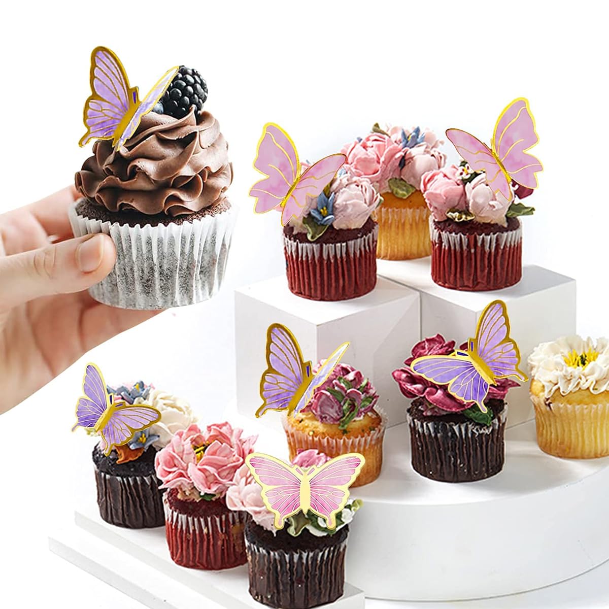 HASTHIP Butterfly Cake Toppers for Birthday Decoration with 40pcs Set and Dual Topper | Pink and Purple Reusable Designs