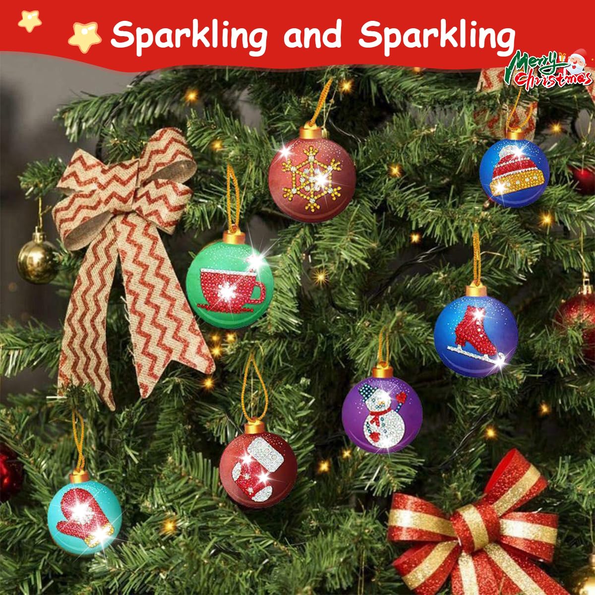 10Pcs DIY Diamond Painting Christmas Tree Ornament Sparkling Hanging Christmas Tree Pendant Christmas Gift Box Charms Decoration DIY Diamond Painting Kit with Tools DIY Home Decor Kit