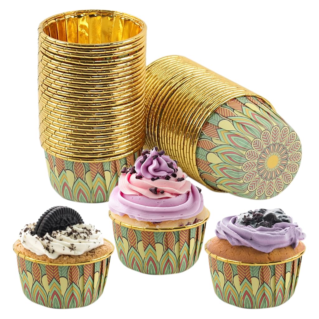 HASTHIP Cupcake Liners 50Pcs 3Oz for Weddings and Parties with Mandala Print and Golden Interior