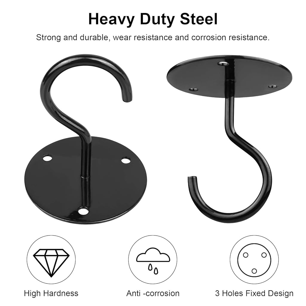 HASTHIP® 4Pcs Heavy Duty Metal Ceiling Hooks with Screws for Hanging Plants, Flower Pots, String Lights, Wind Chimes, Bird Feeders, Wall Mounted Hooks for Balcony, Porch, Garden, Black