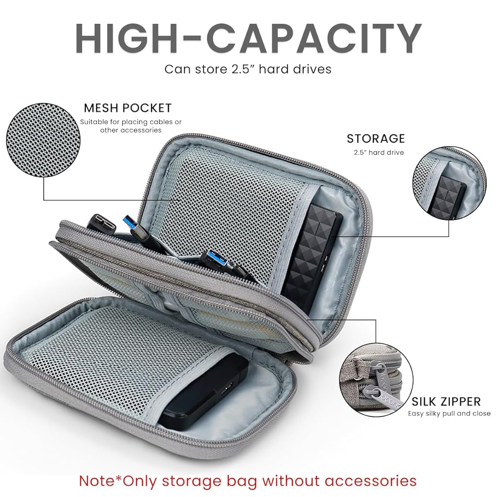HASTHIP® Portable Carrying Case for 2.5 Inch SSD Hard Drive, Double Layer Protective Storage Bag with Zipper & Strap, Travel Organizer for External Drives & Accessories