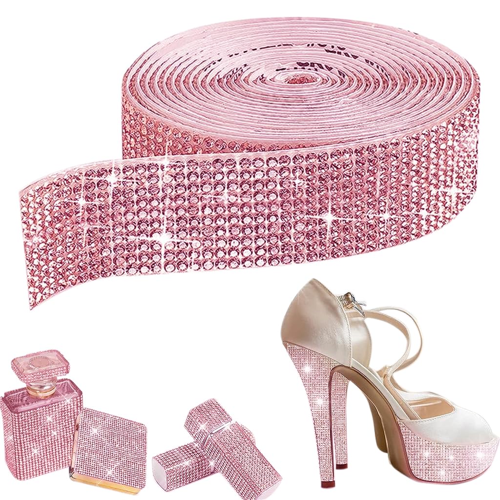 HASTHIP® Cinta Adhesiva de Diamantes de Imitación,Rollo Malla Cristales Brillantes Resina 1Yarda 3cm,Decoración para Boda Fiesta Manualidades Coche y Teléfono Color Rosa