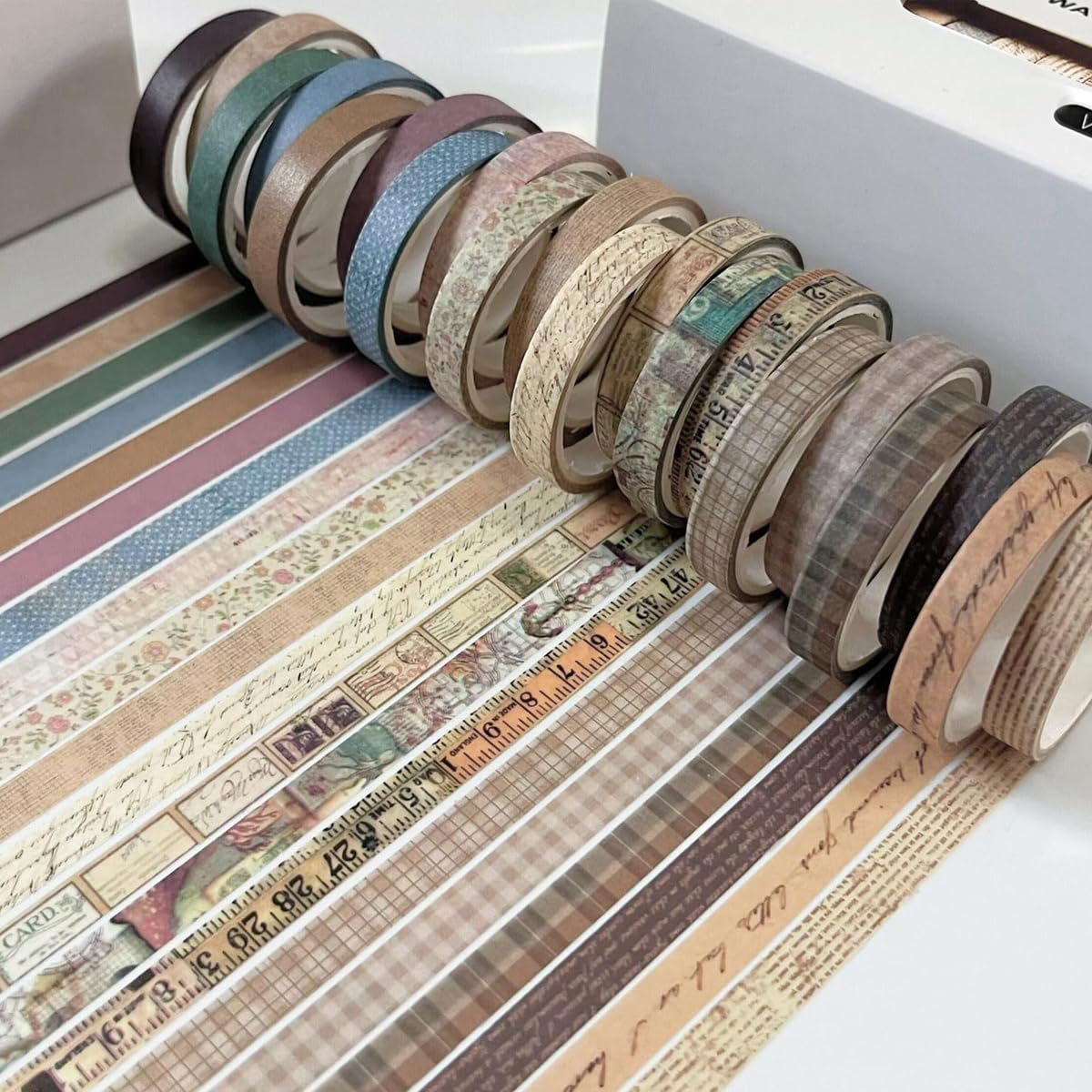 HASTHIP Washi Tape Set for Scrapbooking and Journals featuring Retro Antique Patterns 20 Rolls 0.7cm x 3m