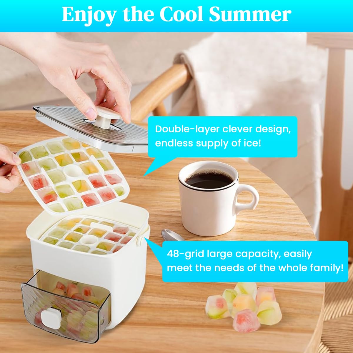HASTHIP Ice Cube Maker for Party and Home Use featuring 48 Cavity Double Layer Mold Box
