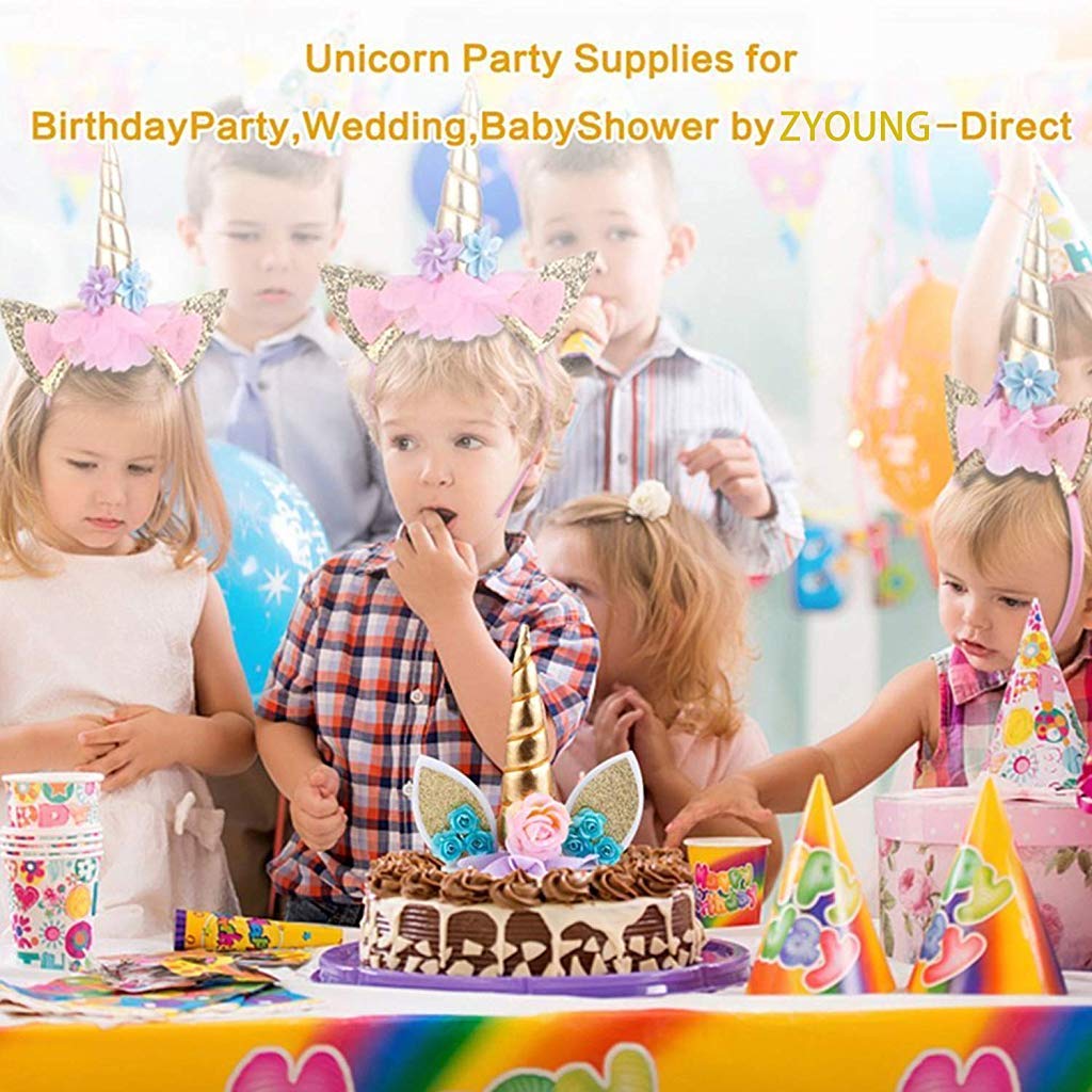 HASTHIP Unicorn Cake Topper for Birthday Decoration with 5.8 in Gold Horn and Felt Ears | Reusable Non Toxic Set