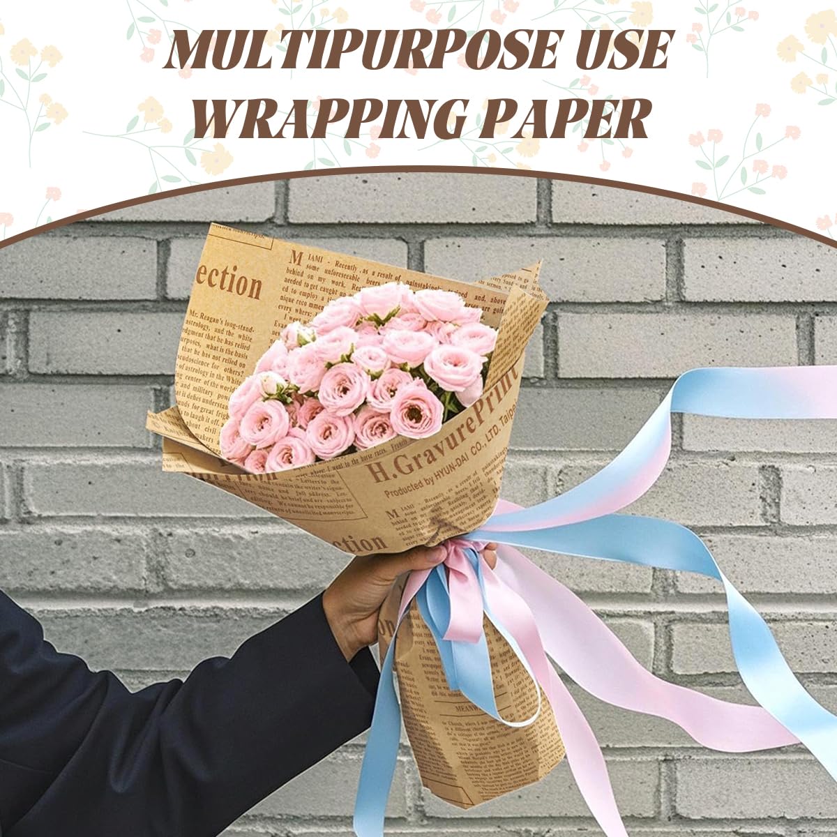HASTHIP Flower Packing Papers for Gifts and Bouquets with Retro Newspaper Style 6 Sheets 50x70cm Brown