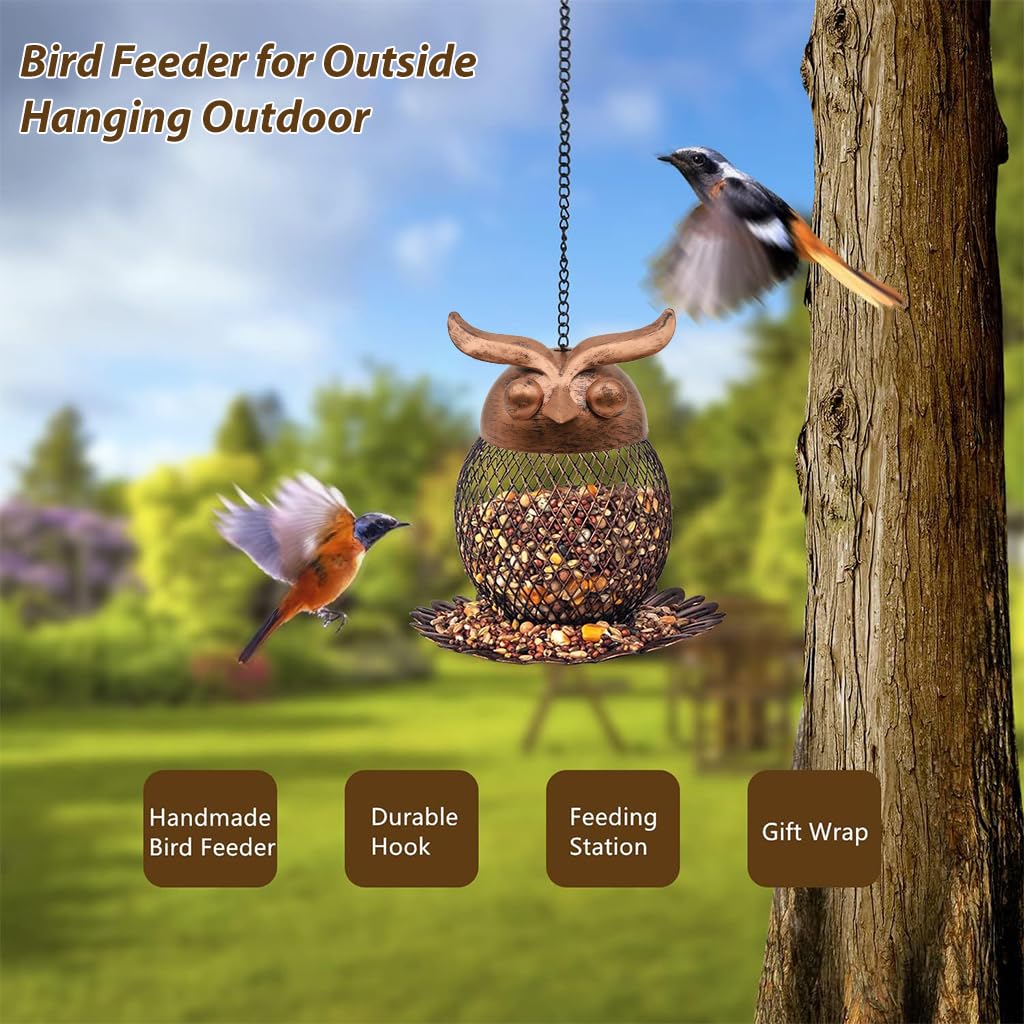 HASTHIP Outdoor Bird Feeder for Garden and Patio with Floral Bottom Tray 14.5x15cm Iron Mesh Owl Design