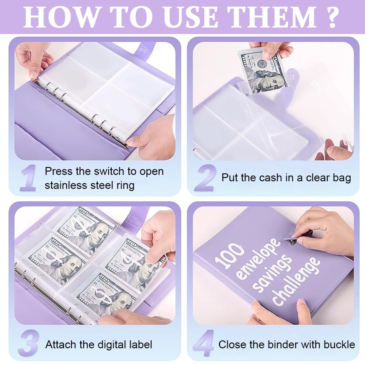 HASTHIP A5 Budget Binder for 100 Days Money Saving Challenge with 100 Cash Envelopes & PU Leather Cover