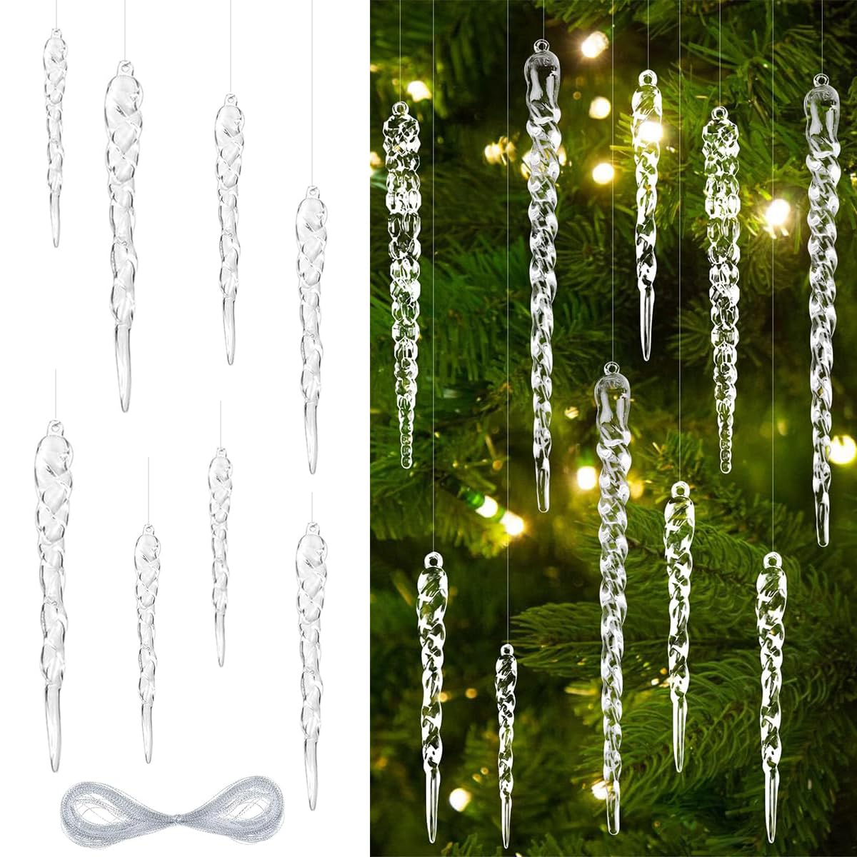 HASTHIP Christmas Tree Decorations 24 Pcs Icicle Ornament Set with Resin Spiral Design for Home and Party Decor