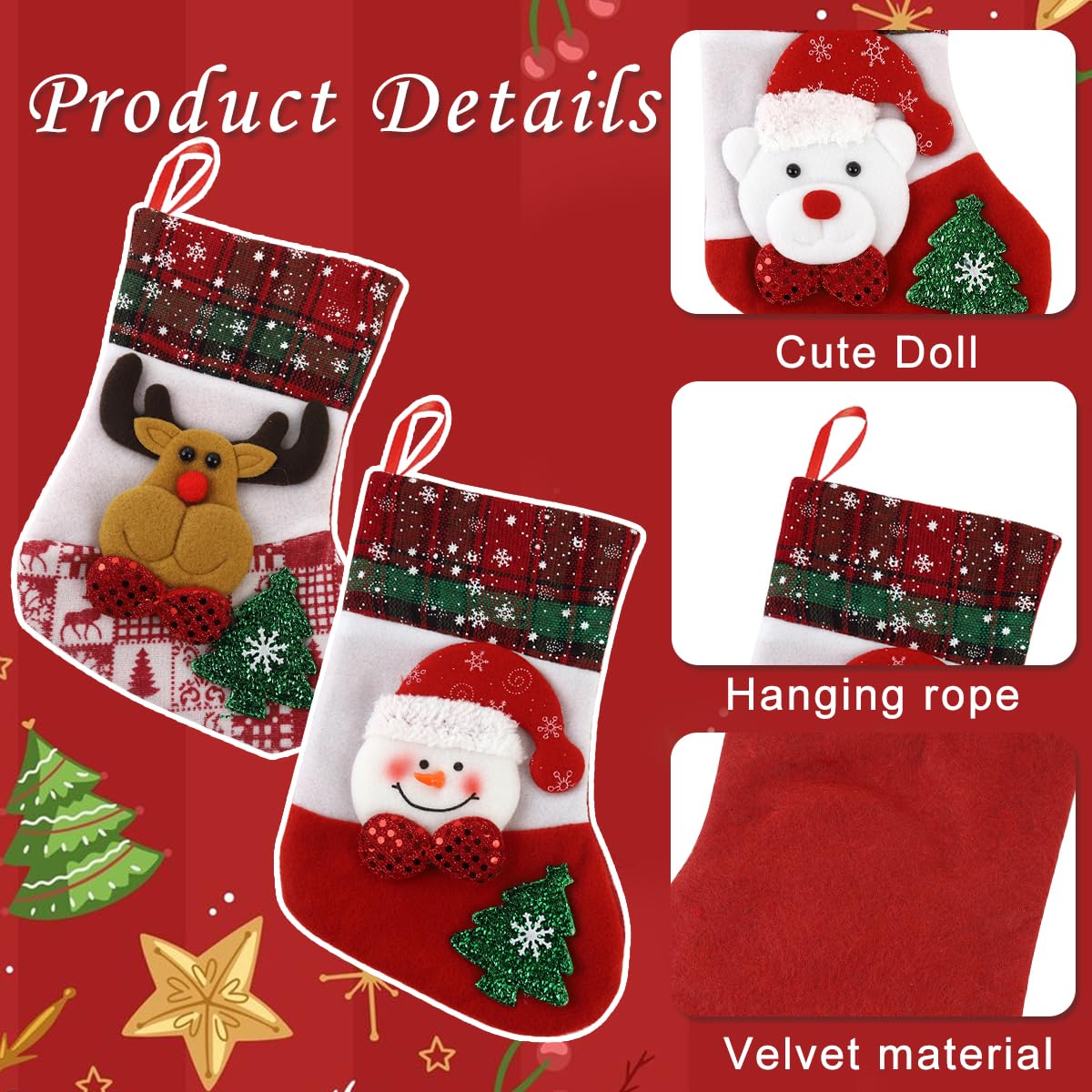 HASTHIP Christmas Stockings Set for Tree and Door with 9.8 in Size Loop Hanging | 4 Red Designs
