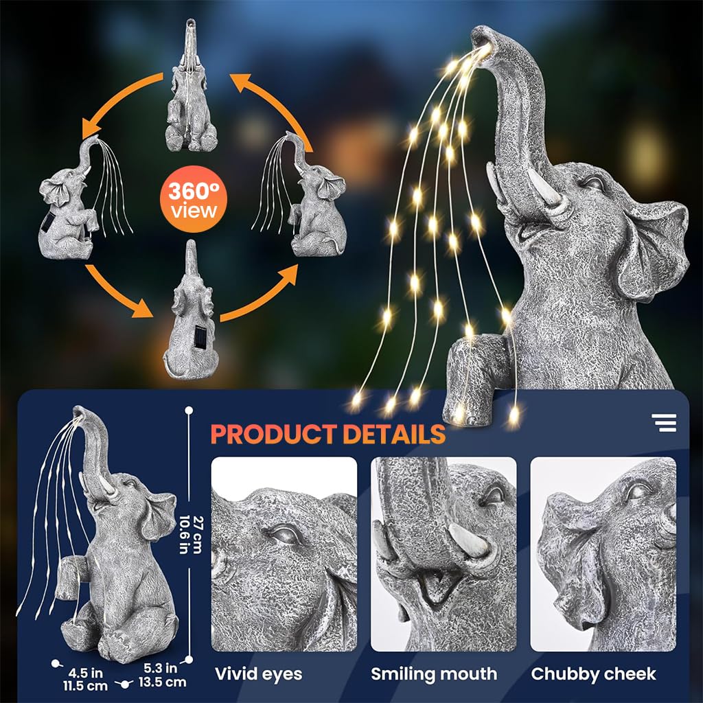 HASTHIP Elephant Resin Statue for Garden and Home Decor with Solar Starry Light 4.5x5.3x10.6 in