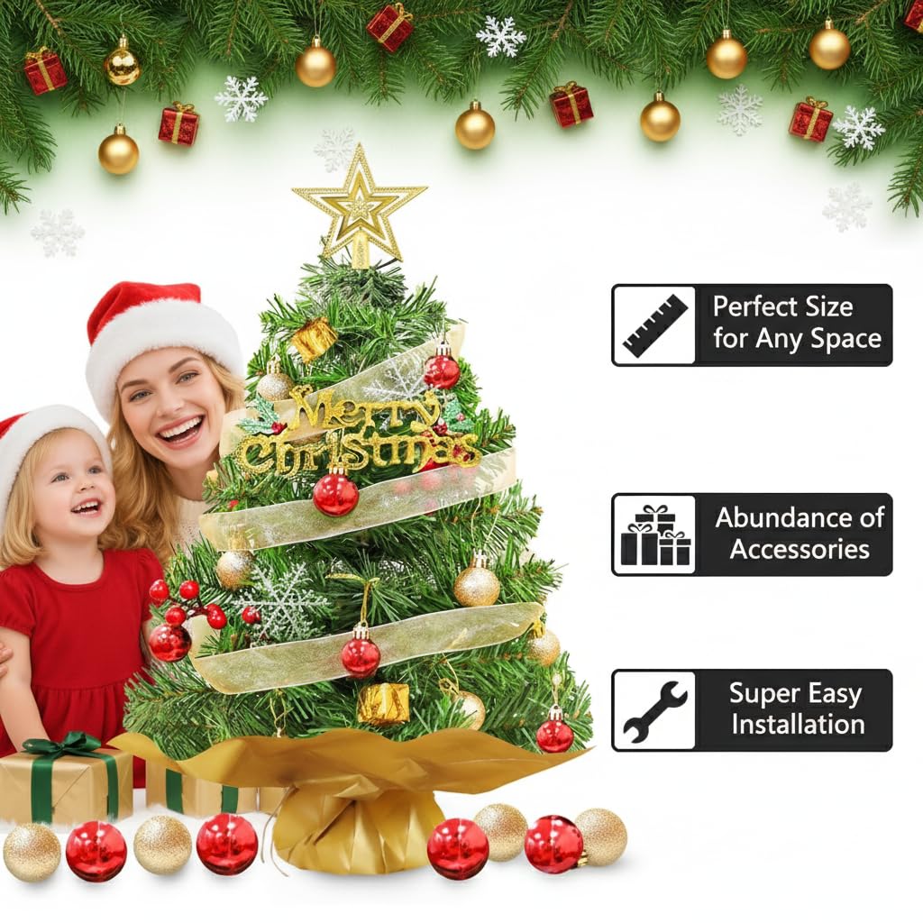 Christmas Tree for Home Decor with Full Set Decorative Items, 24 Inch/60 CM Premium Mini Xmas Trees for Christmas, Office School House Restaurants Store Decoration, DIY Assembly Xmas Tree