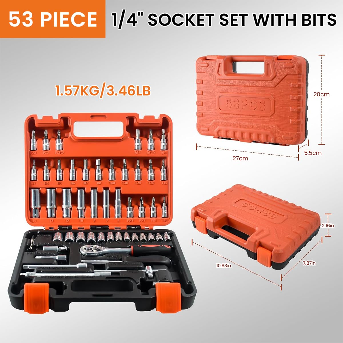 HASTHIP® 53 Pieces 1/4 inch Drive Socket Ratchet Wrench Tool Set with Bit Socket Set Metric and Extension Bar for Auto Repairing and Household