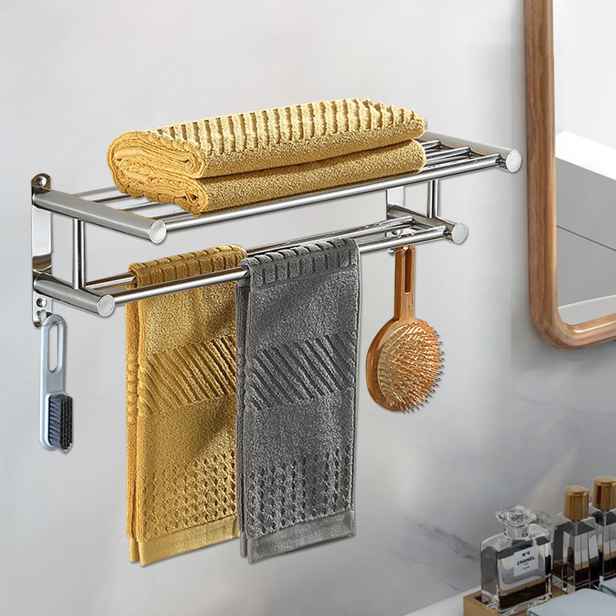 HASTHIP Bath Towel Rack for Bathroom with Double Layer 23.62 in Shelf and Sliding Hooks | 304 Stainless Steel No Drill Wall Mount Organizer