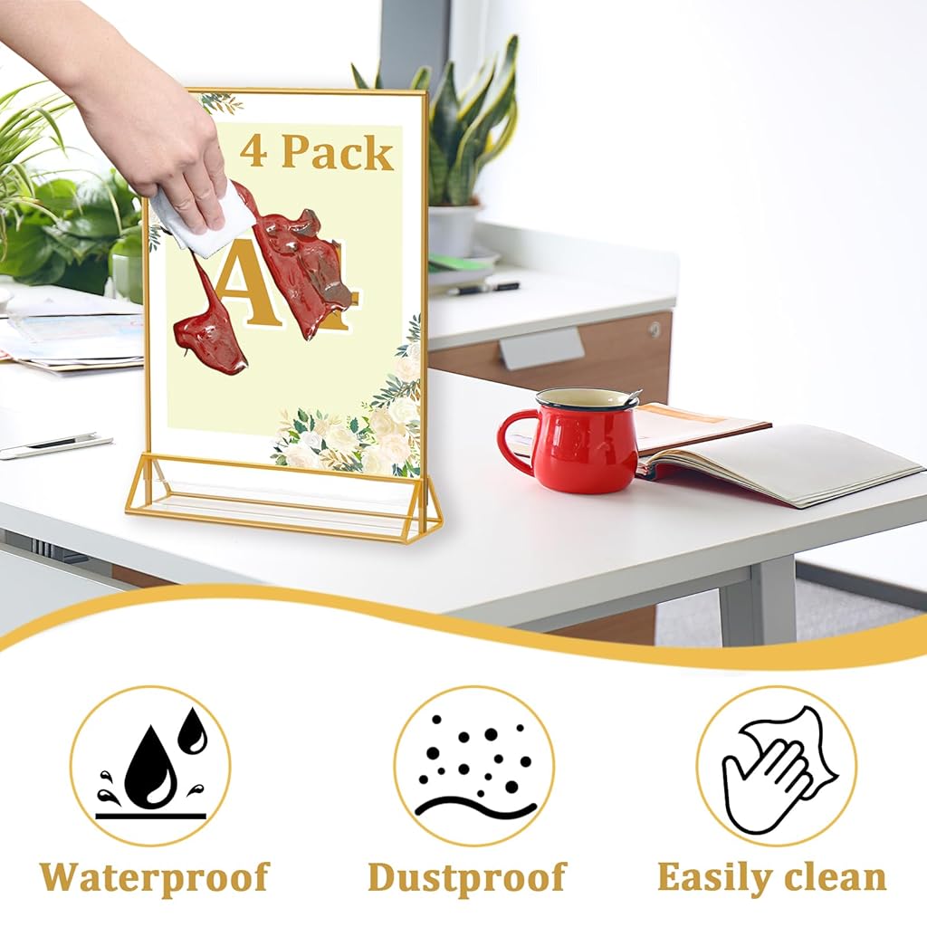 HASTHIP® 4 Pack Acrylic Gold Sign Holder, Double Sided A4 Menu Stand, Clear Vertical Table Display for Restaurant Menus, Office Flyers, Acrylic Photo Frame, Desk Brochure Holder