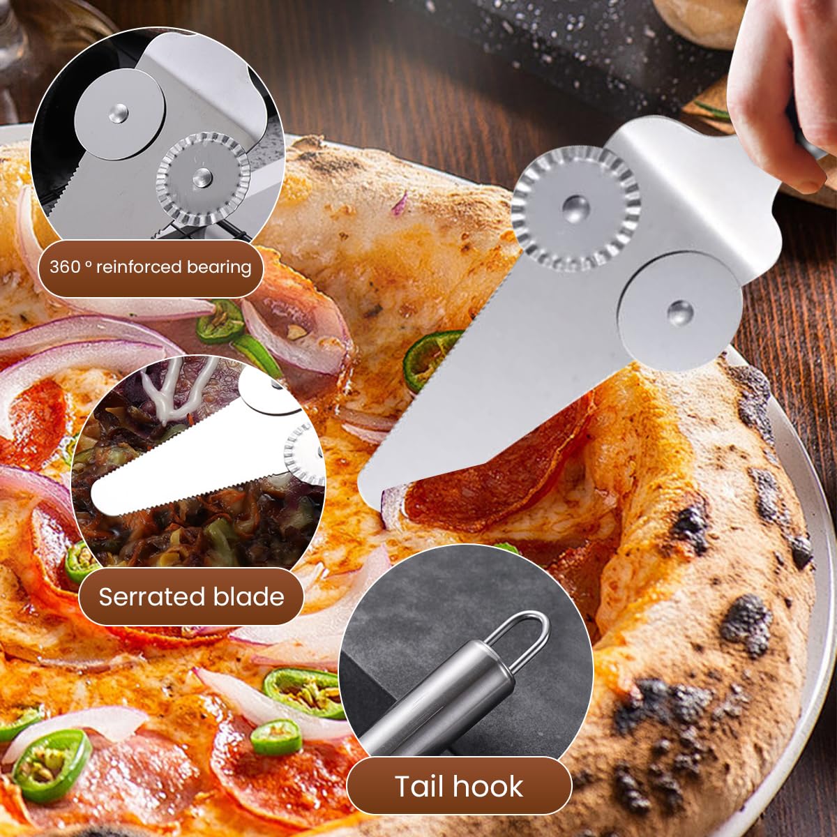 HASTHIP® Pizza Cutter Wheel 2 in 1 Stainless Steel Pizza Shovel, Dual Wheel Design Pizza Cutter Cake Shove, Dishwasher Safe, Perfect for Cakes & Desserts, Dishwasher Safe