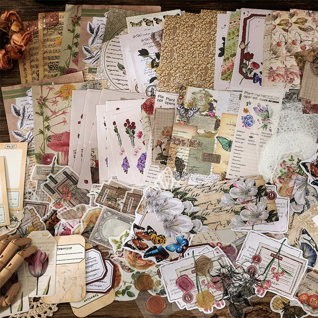 HASTHIP Journaling Supplies Kit for Scrapbook and Planner with 260 pcs Vintage Papers & Stickers