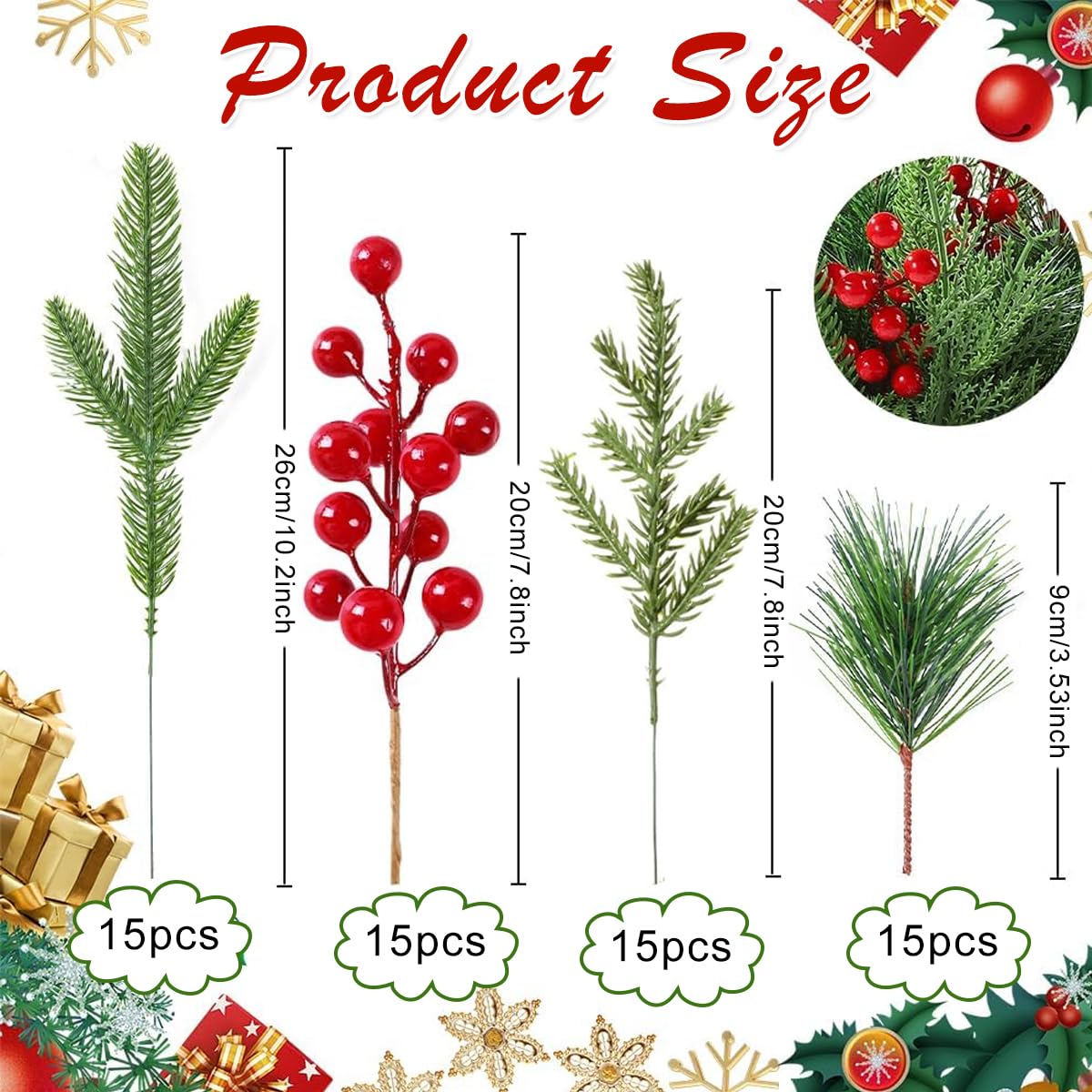 HASTHIP Christmas Tree Ornaments for DIY Decoration with 60Pcs Pine and Red Berry Set