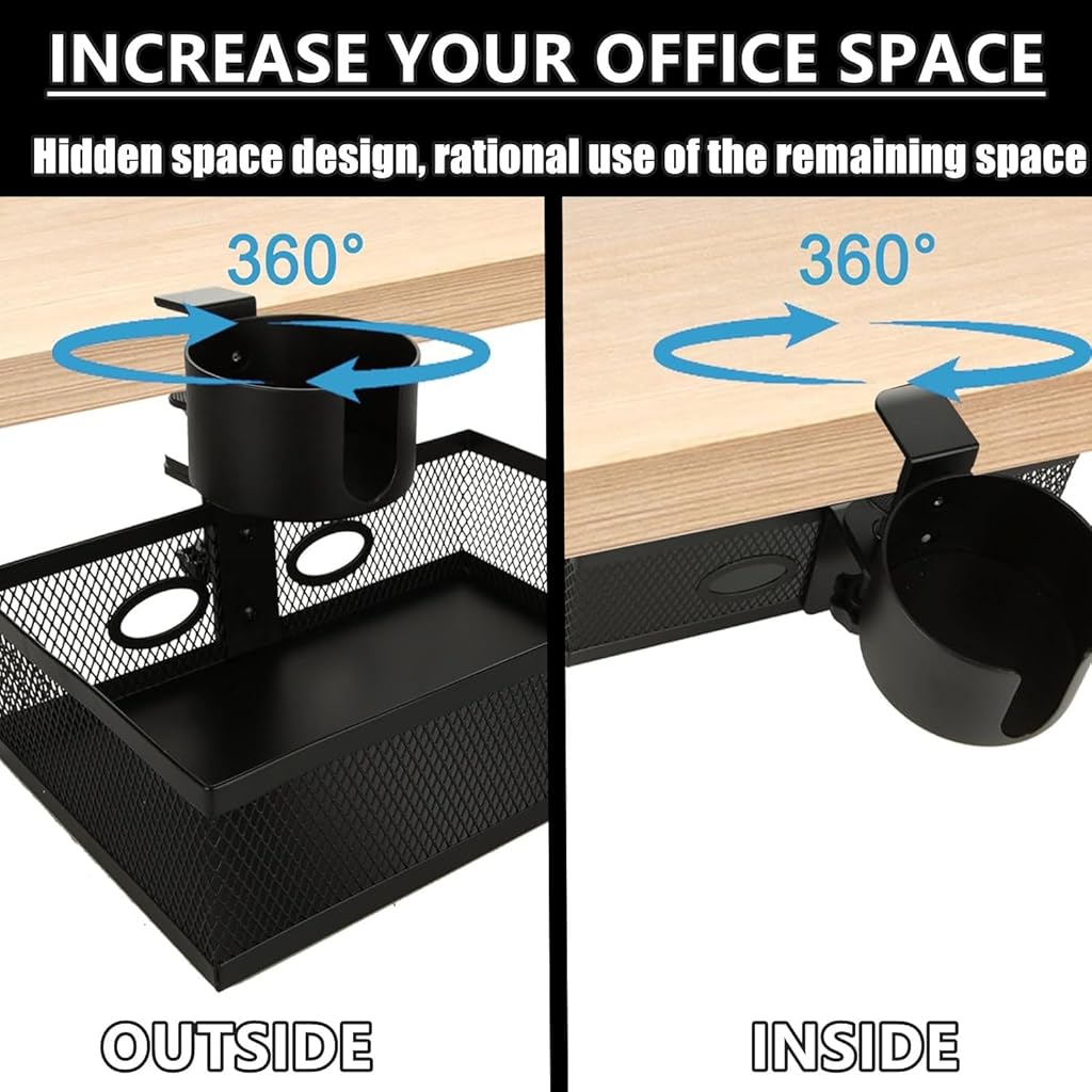 HASTHIP® Black 360-Degree Under Desk Organizer with Cup Holder