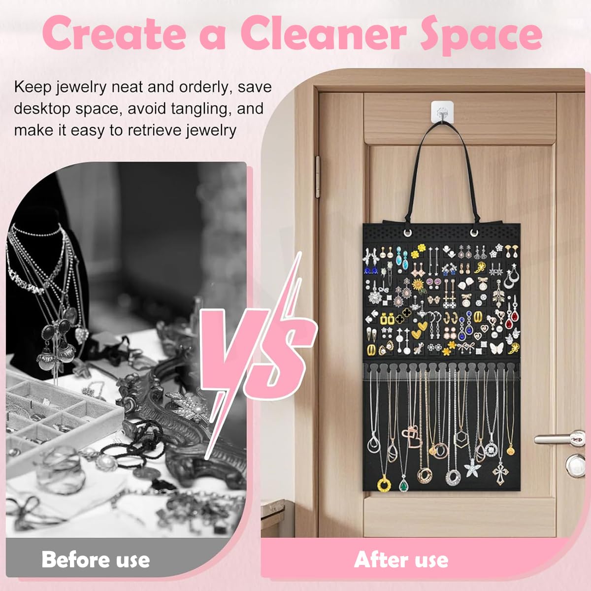 HASTHIP Hanging Jewelry Organizer for Earrings and Necklaces with 140 Holes and 16 Hooks | Felt Display Holder 57×34.5 cm