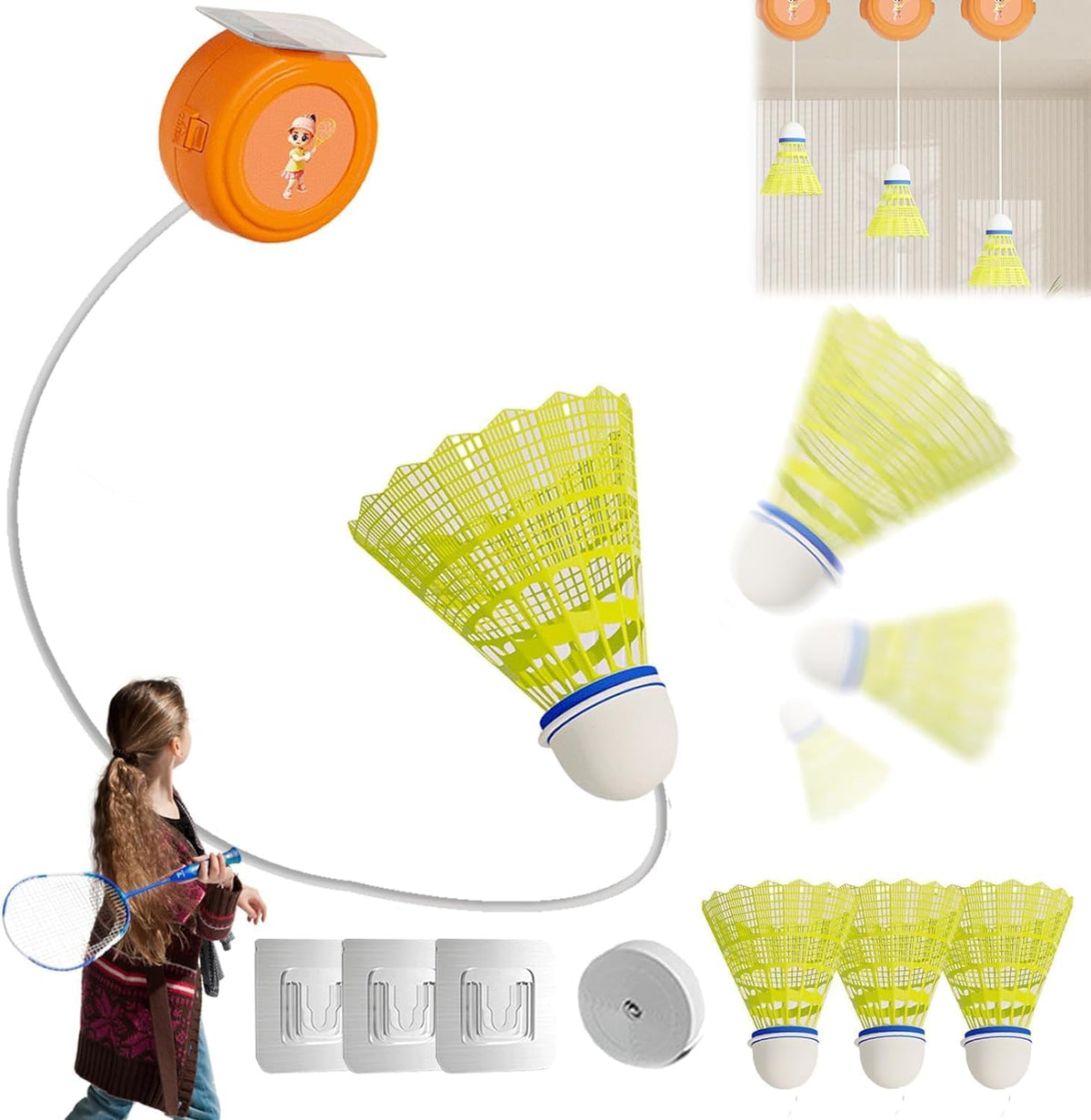 HASTHIP® Dispositivo de Entrenamiento de Bádminton Interior para Niños,Juego Rebote Ajustable con 6 Volantes Luminosos y 40 Cuerdas Elásticas,Entrenador Auto-Adhesivo para Práctica
