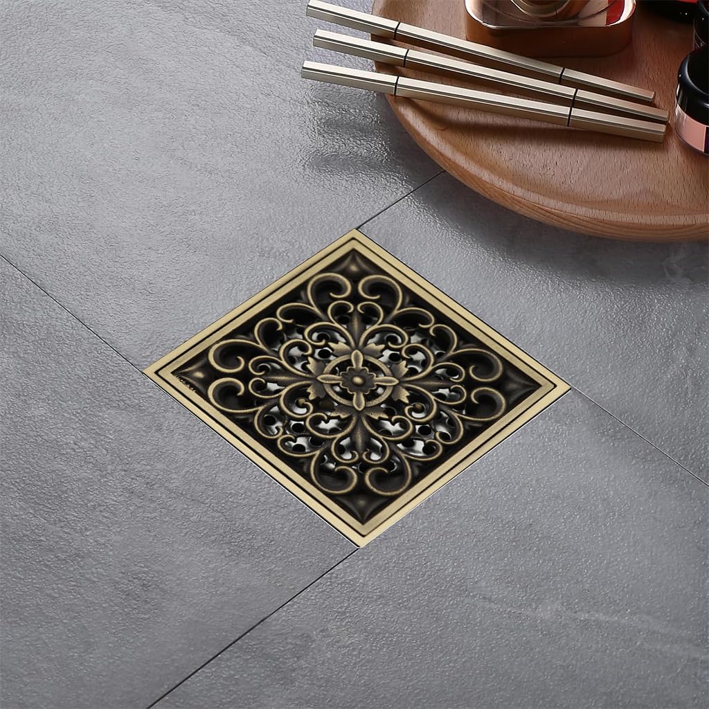 HASTHIP Bathroom Floor Drain for Shower with Self-Opening Anti-Odor Mechanism | 3.93 in Antique Brass Square Featuring Floral Cut-Out Cover