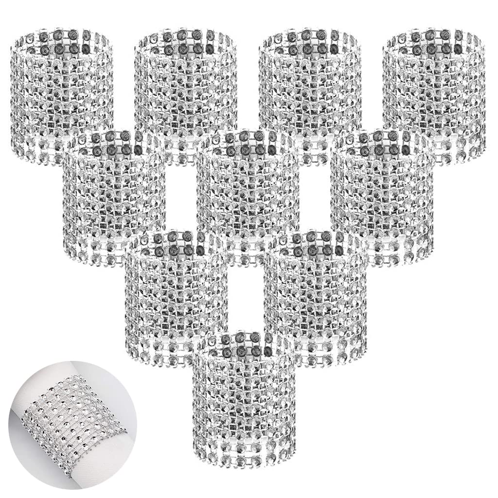 10Pcs Napkin Rings, Napkin Rings Buckles, Rhinestone Adornment Napkin Holder for Table Decorations, Wedding, Dinner, Party, DIY Decoration (Silver)