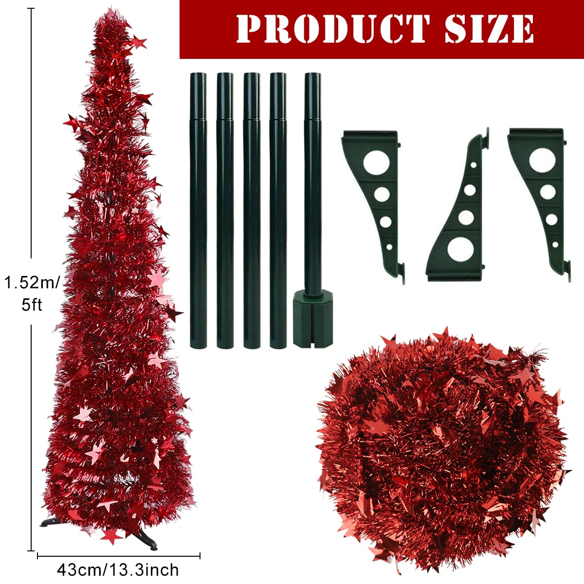 HASTHIP Christmas Tree for Holiday Decor with 1.5 m Red Tinsel Garland & Easy DIY Assembly