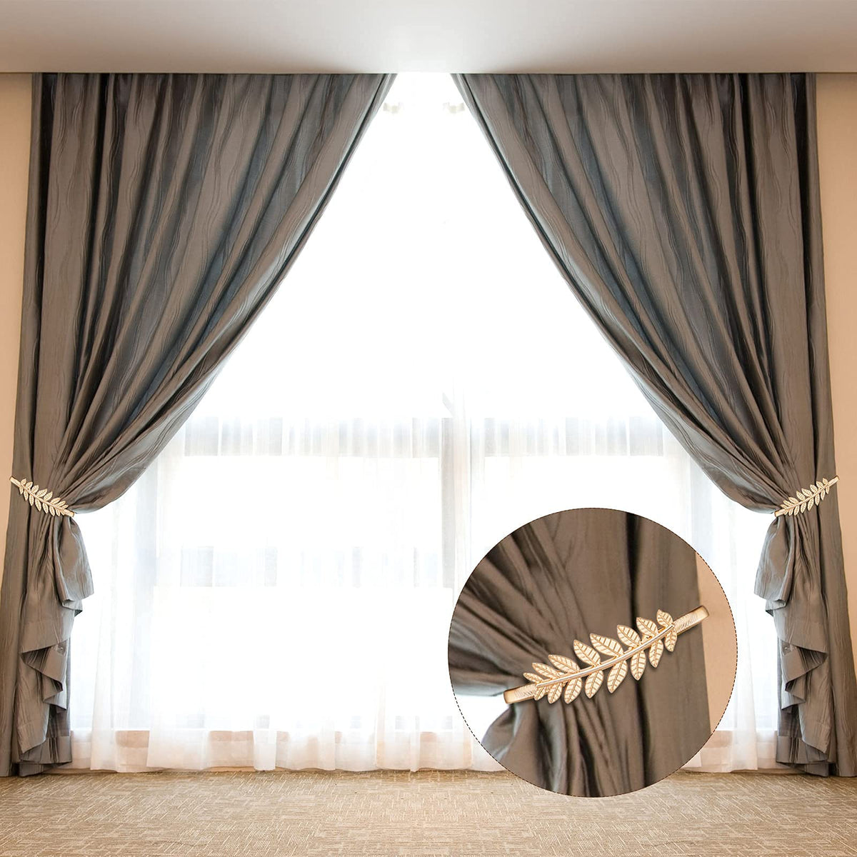 HASTHIP Curtain Tiebacks 2 Pack for Drapes featuring Adjustable Alloy Straps with Buckle Clip | Gold Leaf Carving Design