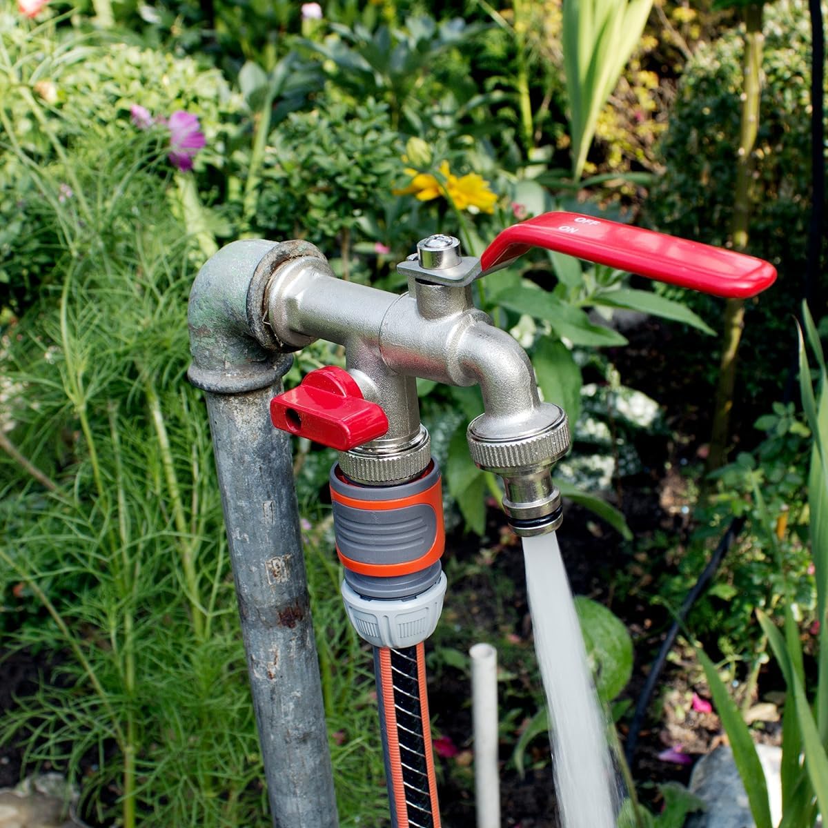 HASTHIP Garden Faucet Splitter for Efficient Watering with 1/2 Inch Dual Outlet Valves | Heavy Duty Zinc Alloy Outdoor Tap