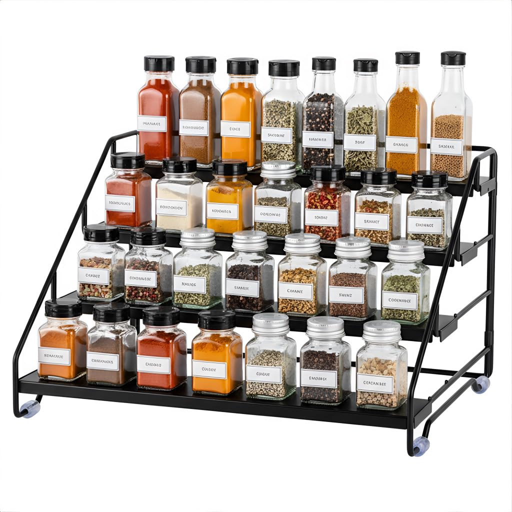 HASTHIP® 4-Tier Kitchen Spice Organizer Rack, Carbon Steel Countertop Seasoning Storage Shelf, Multi-Layer Condiment Bottle Holder, Space-Saving Kitchen Counter Organizer